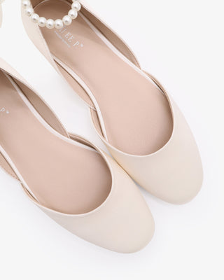Ivory Satin Round Toe Wedding Flat with All pearls Ankle Strap