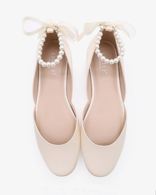 Ivory Satin Round Toe Wedding Flat with All pearls Ankle Strap