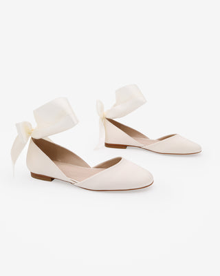 Ivory Satin Round Toe Wedding Flat with Wrapped Satin Tie