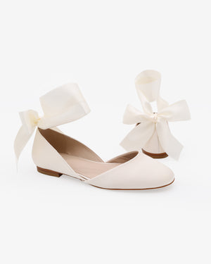 Satin Round Toe Bridal Flat with Wrapped Ribbon Tie