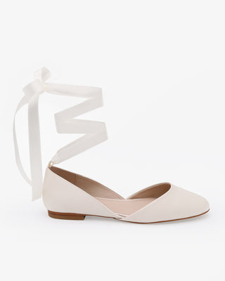 Ivory Satin Round Toe Wedding Flat with Satin Ballerina Lace Up