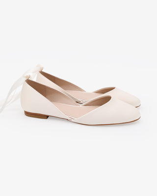 Ivory Satin Round Toe Wedding Flat with Satin Ballerina Lace Up