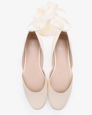 Ivory Satin Round Toe Wedding Flat with Satin Ballerina Lace Up