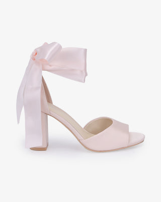 Satin Block Heel Evening Sandals with Wrapped Ribbon Tie, Women Shoes