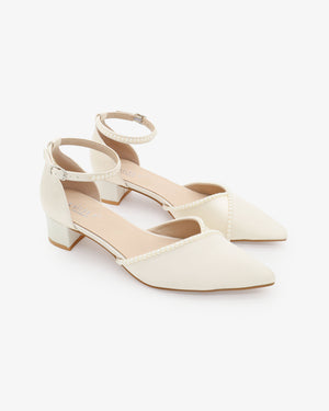 Satin Pointy Toe Low Block Heels Wedding Shoes with Mini Pearls