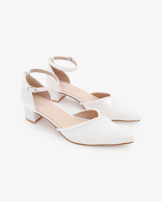 Satin Pointy Toe Low Block Heels Wedding Shoes with Mini PearlsWomen Shoes