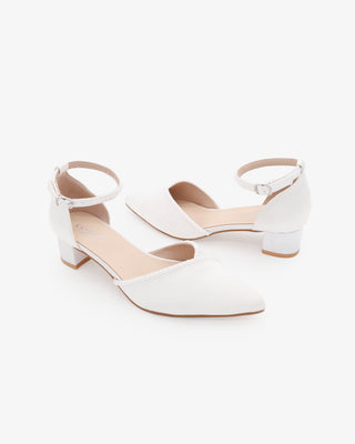 Satin Pointy Toe Low Block Heels Wedding Shoes with Mini PearlsWomen Shoes