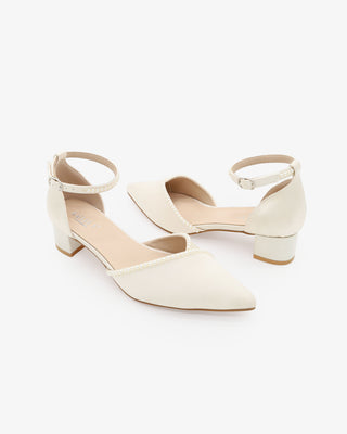 Satin Pointy Toe Low Block Heels Wedding Shoes with Mini PearlsWomen Shoes