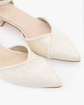 Satin Pointy Toe Low Block Heels Wedding Shoes with Mini PearlsWomen Shoes