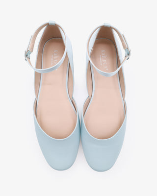 Light Blue Satin Round Toe Wedding Flat with Ankle Strap