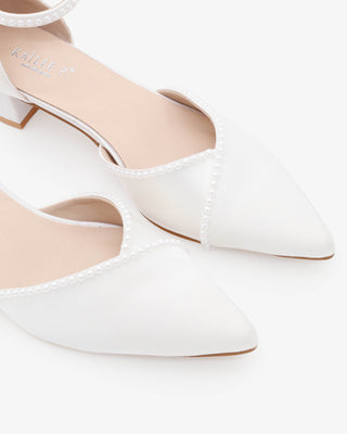 Satin Pointy Toe Low Block Heels Wedding Shoes with Mini PearlsWomen Shoes