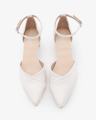 Satin Pointy Toe Low Block Heels Wedding Shoes with Mini PearlsWomen Shoes