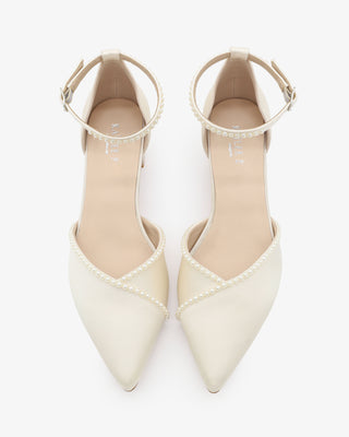 Satin Pointy Toe Low Block Heels Wedding Shoes with Mini PearlsWomen Shoes