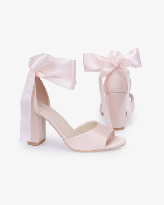 Satin Block Heel Evening Sandals with Wrapped Ribbon Tie, Women Shoes