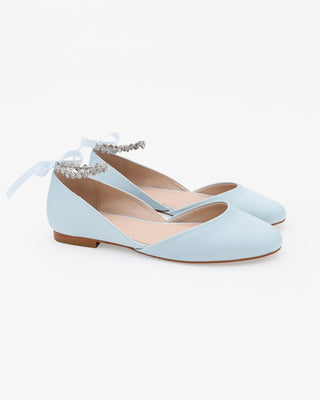 Light Blue Satin Round Toe Wedding Flat with Amaryllis Strap