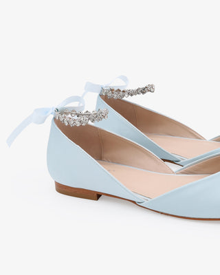 Light Blue Satin Round Toe Wedding Flat with Amaryllis Strap