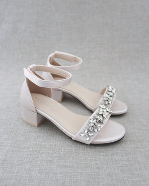 Satin Girls Block Heel Sandals with Floral Rhinestones