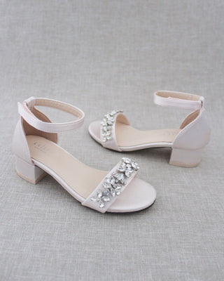 Satin Block Heel Sandals with Floral Rhinestones