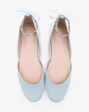 Satin Round Toe Wedding Flat with Amaryllis Strap