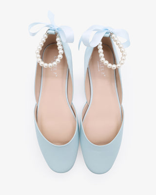 Light Blue Satin Round Toe Wedding Flat with All pearls Ankle Strap