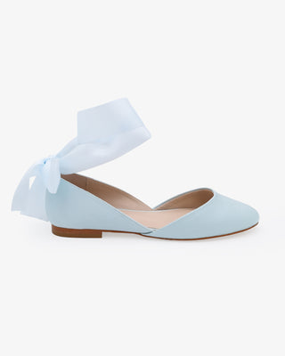 Light Blue Satin Round Toe Wedding Flat with Wrapped Satin Tie