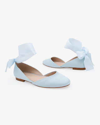 Light Blue Satin Round Toe Wedding Flat with Wrapped Satin Tie