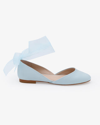 Light Blue Satin Round Toe Wedding Flat with Wrapped Sheer Tie