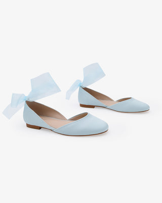 Light Blue Satin Round Toe Wedding Flat with Wrapped Sheer Tie