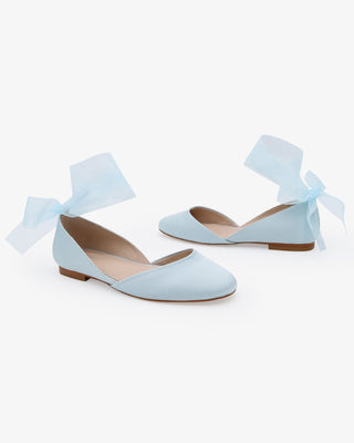 Light Blue Satin Round Toe Wedding Flat with Wrapped Sheer Tie