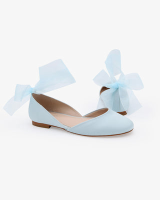 Light Blue Satin Round Toe Wedding Flat with Wrapped Sheer Tie