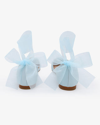 Light Blue Satin Round Toe Wedding Flat with Wrapped Sheer Tie