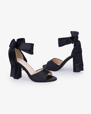 Satin Block Heel Evening Sandals with Wrapped Ribbon TieWomen Shoes