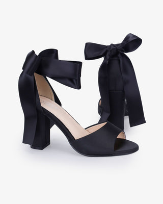 Satin Block Heel Evening Sandals with Wrapped Ribbon TieWomen Shoes