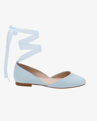 Light Blue Satin Round Toe Wedding Flat with Satin Ballerina Lace Up