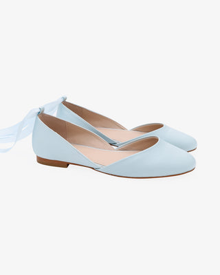 Light Blue Satin Round Toe Wedding Flat with Satin Ballerina Lace Up