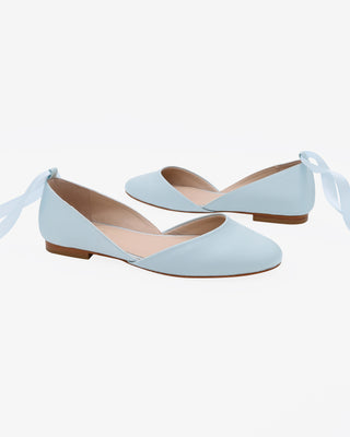 Light Blue Satin Round Toe Wedding Flat with Satin Ballerina Lace Up
