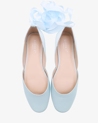Light Blue Satin Round Toe Wedding Flat with Ballerina Lace Up