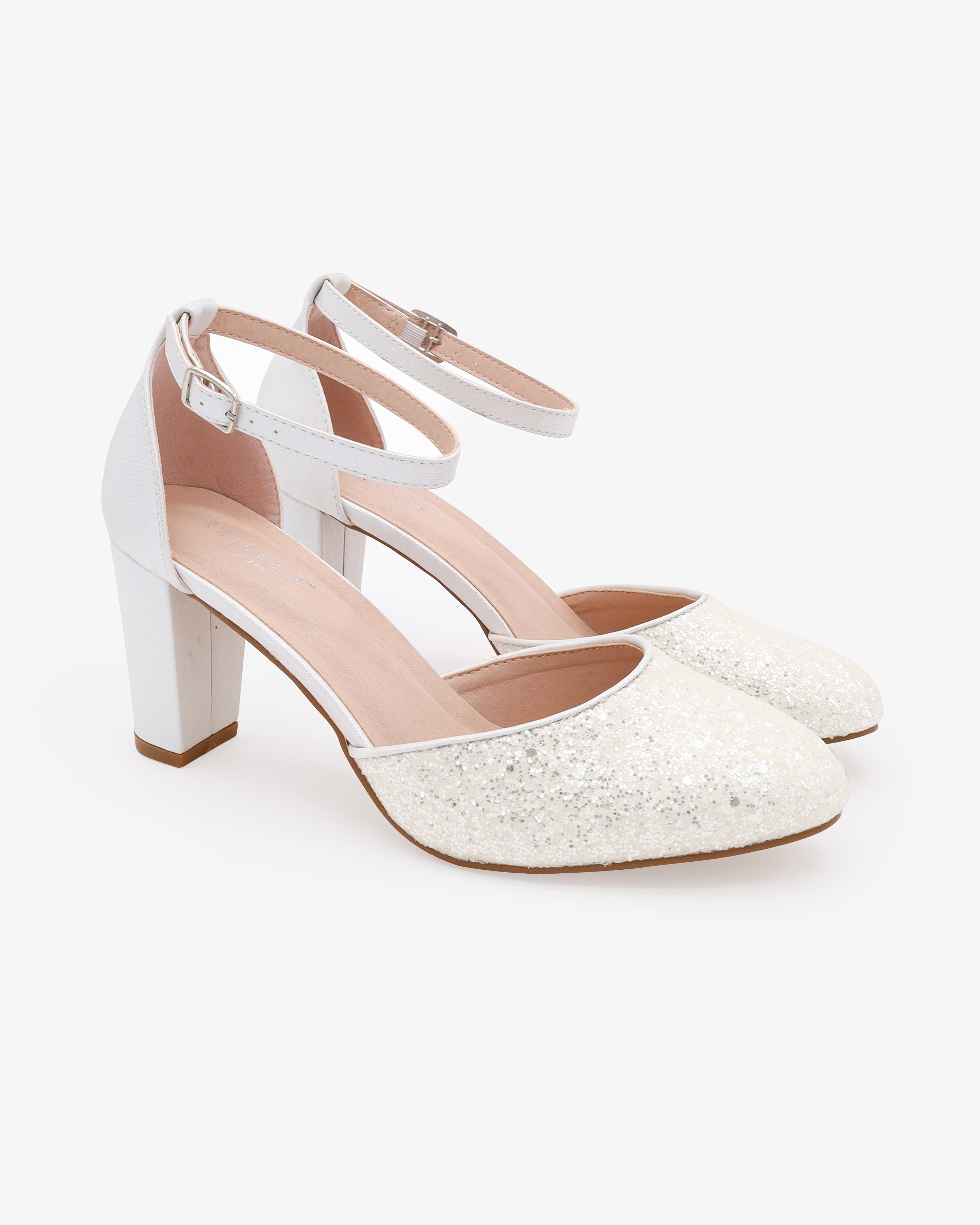 White Rock Glitter Block Heel with Ankle Strap, Wedding Shoes White Rock Glitter Block Heel with Ankle Strap, Wedding Shoes