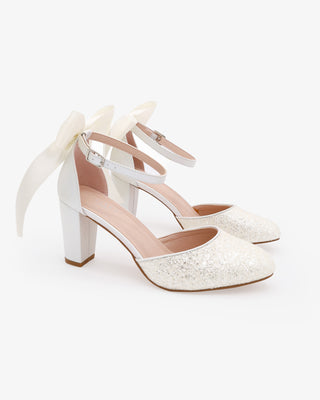 White Rock Glitter Block Heel with White Back Satin Bow