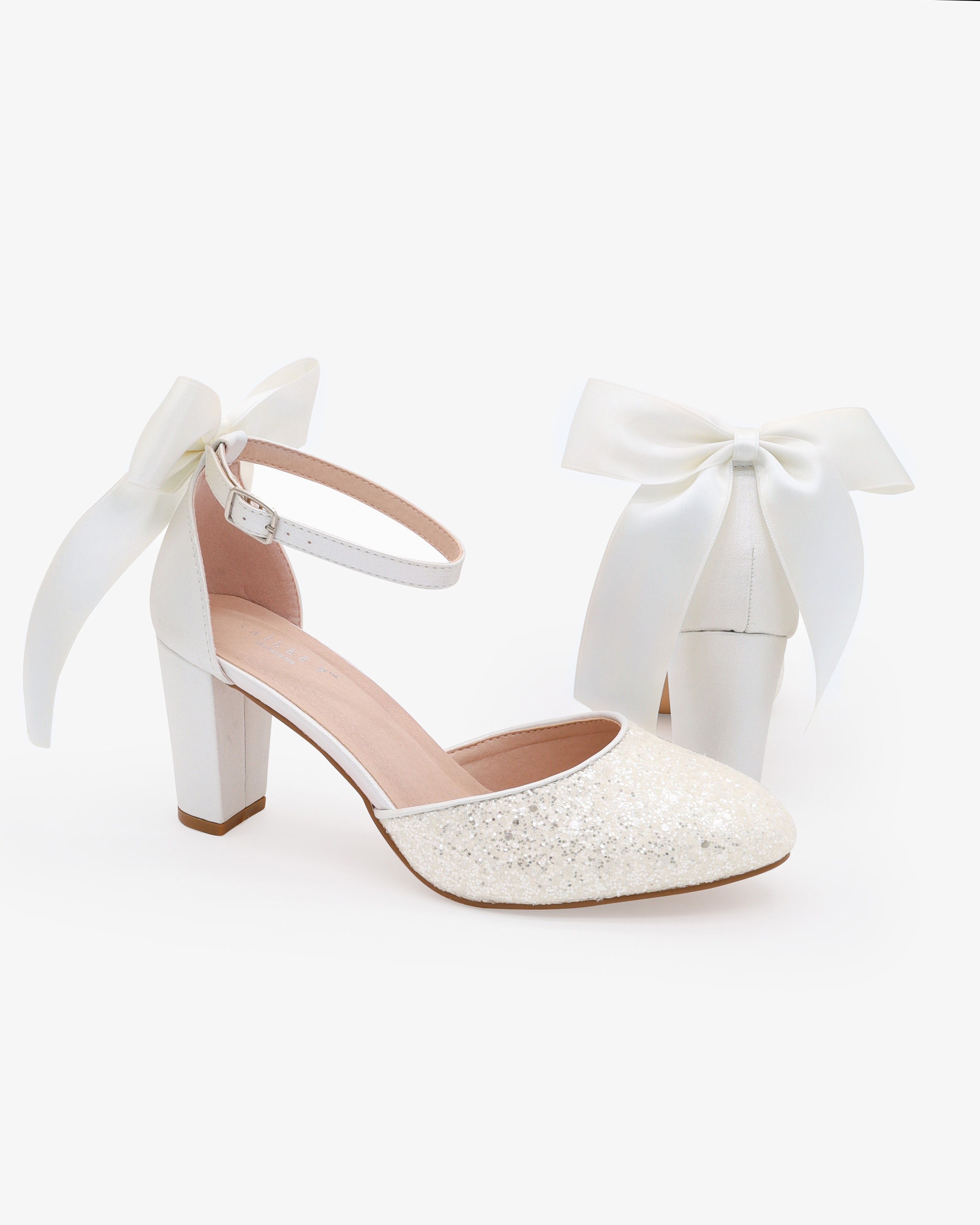 Rock Glitter Block Heel with Back Satin Bow, Bridal Heel, Wedding Heel 6.5 / White Rock Glitter Block Heel with Back Satin Bow, Bridal Heel, Wedding Heel 6.5 / White