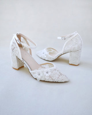 ivory crochet wedding block heels with flower embellishment