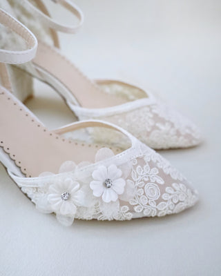 ivory crochet wedding block heels with flower embellishment