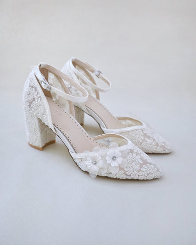 ivory crochet wedding block heels with flower embellishment