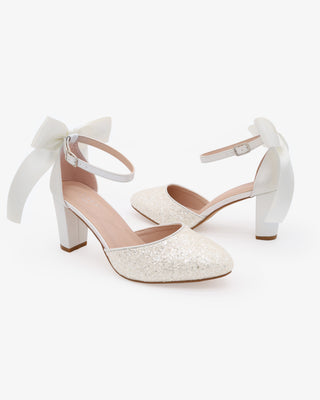 White Rock Glitter Block Heel with White Satin Back Bow