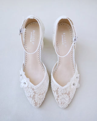 ivory crochet wedding block heels with flower embellishment