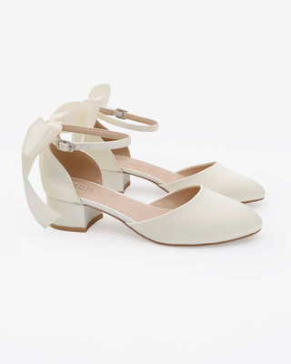 Ivory Round Toe Satin Low Block Heel with Back Satin Bow