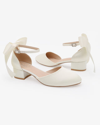Ivory Round Toe Satin Low Block Heel with Back Satin Bow
