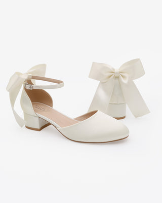 Ivory Round Toe Satin Low Block Heel with Back Satin Bow