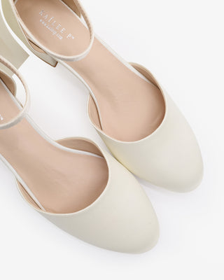 Ivory Round Toe Satin Low Block Heel with Back Satin Bow