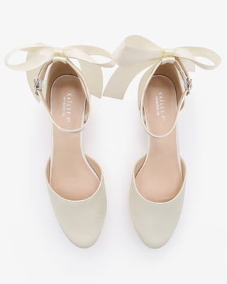 Ivory Round Toe Satin Low Block Heel with Back Satin Bow